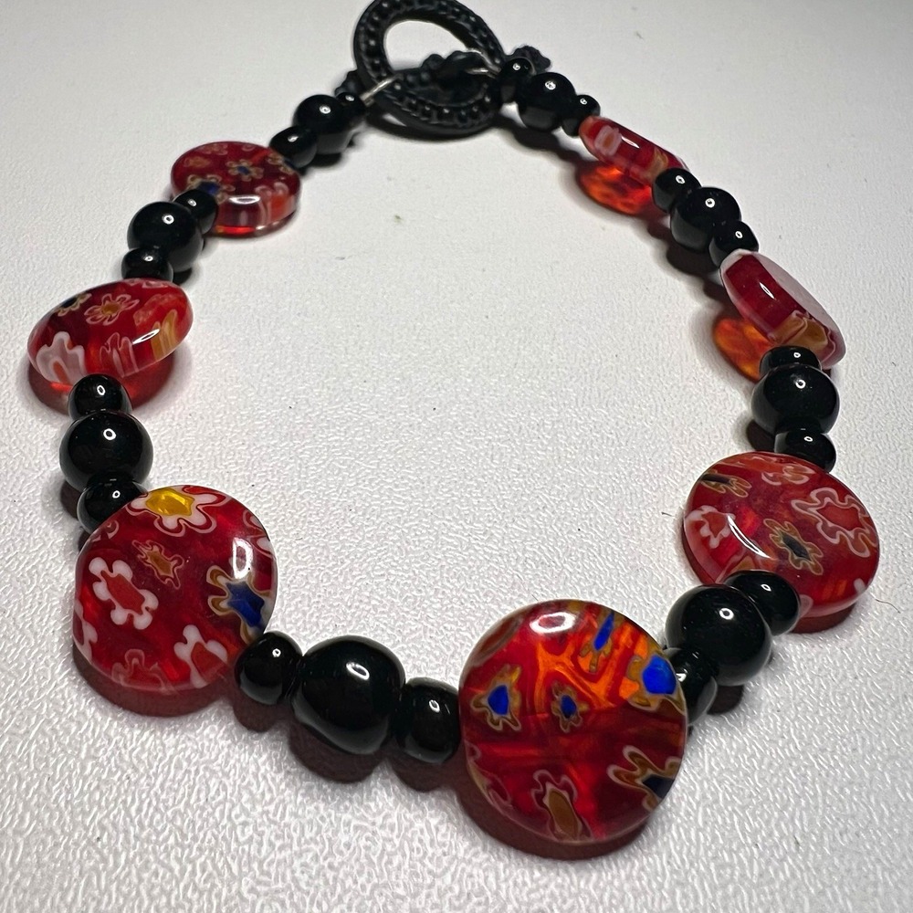 Handcrafted Millefiori Glass Toggle Red & Black 8" Bracelet